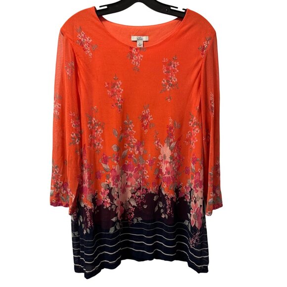 Croft & Barrow Womens Floral & Striped Top Sz L Multi Blouse - Picture 1 of 12